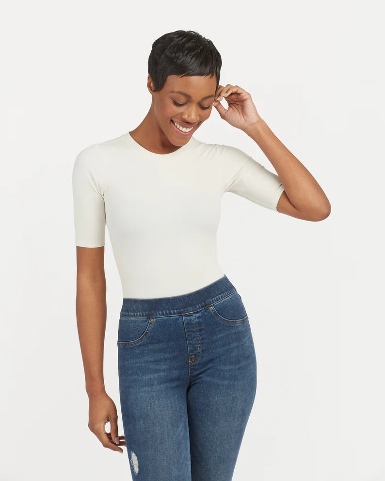 Spanx Suit Yourself Ribbed Crew Neck Short Sleeve Bodysuit | Parchment