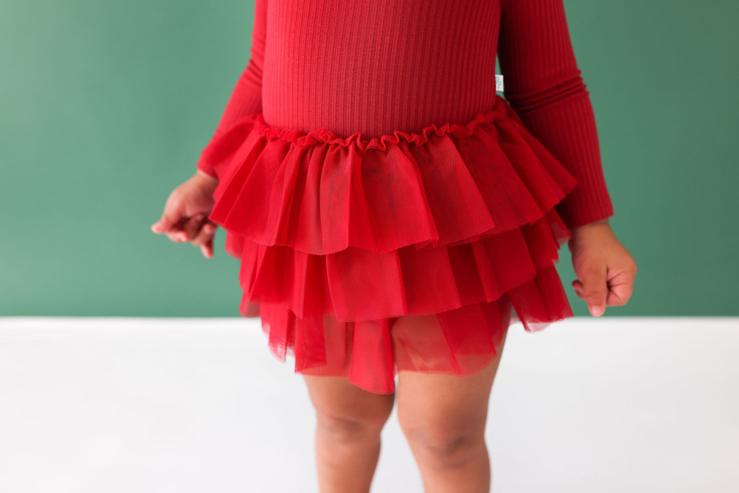 Load image into Gallery viewer, Posh Peanut Dark Red Solid Ribbed LS Tulle Skirt Bodysuit
