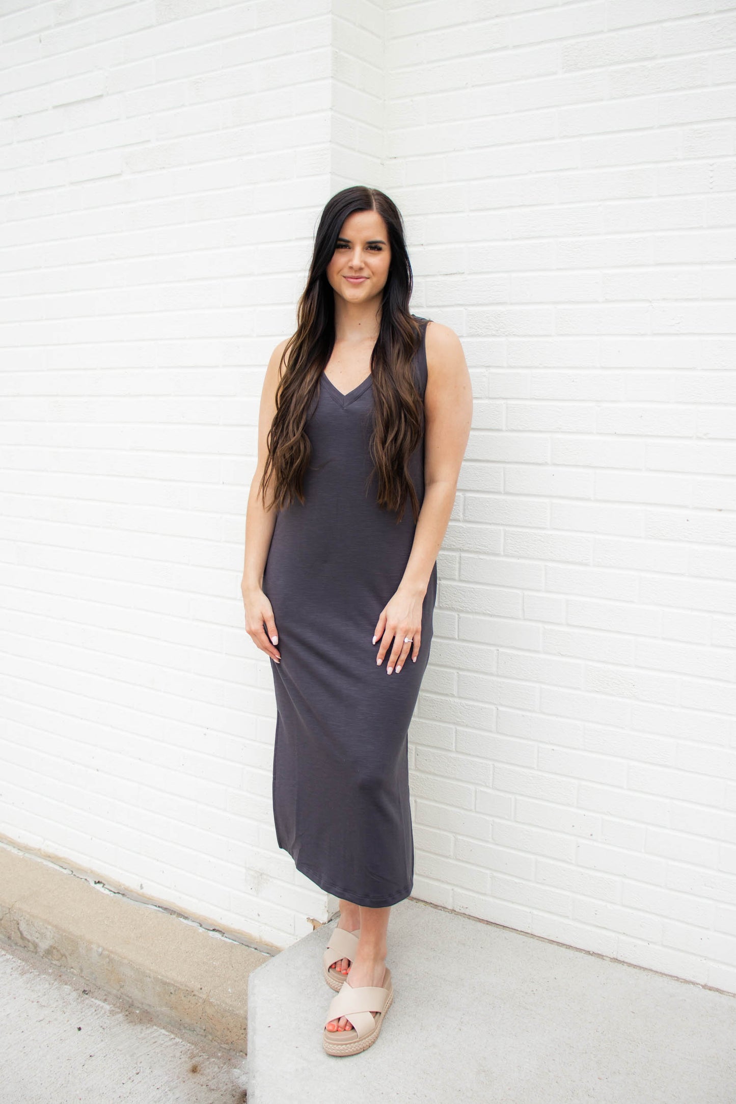 Load image into Gallery viewer, Navy Midi Dress W/ Side Slits | Charcoal
