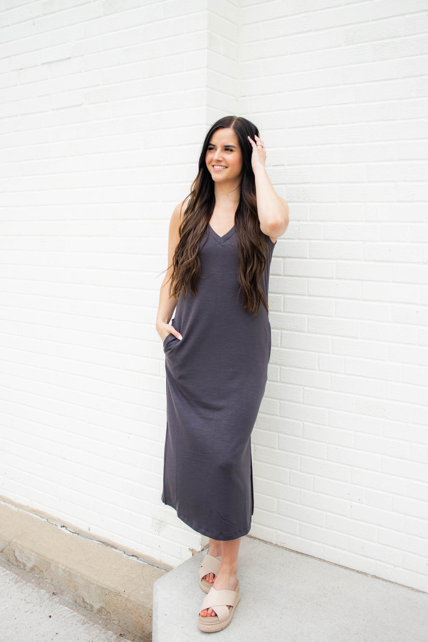 Load image into Gallery viewer, Navy Midi Dress W/ Side Slits | Charcoal
