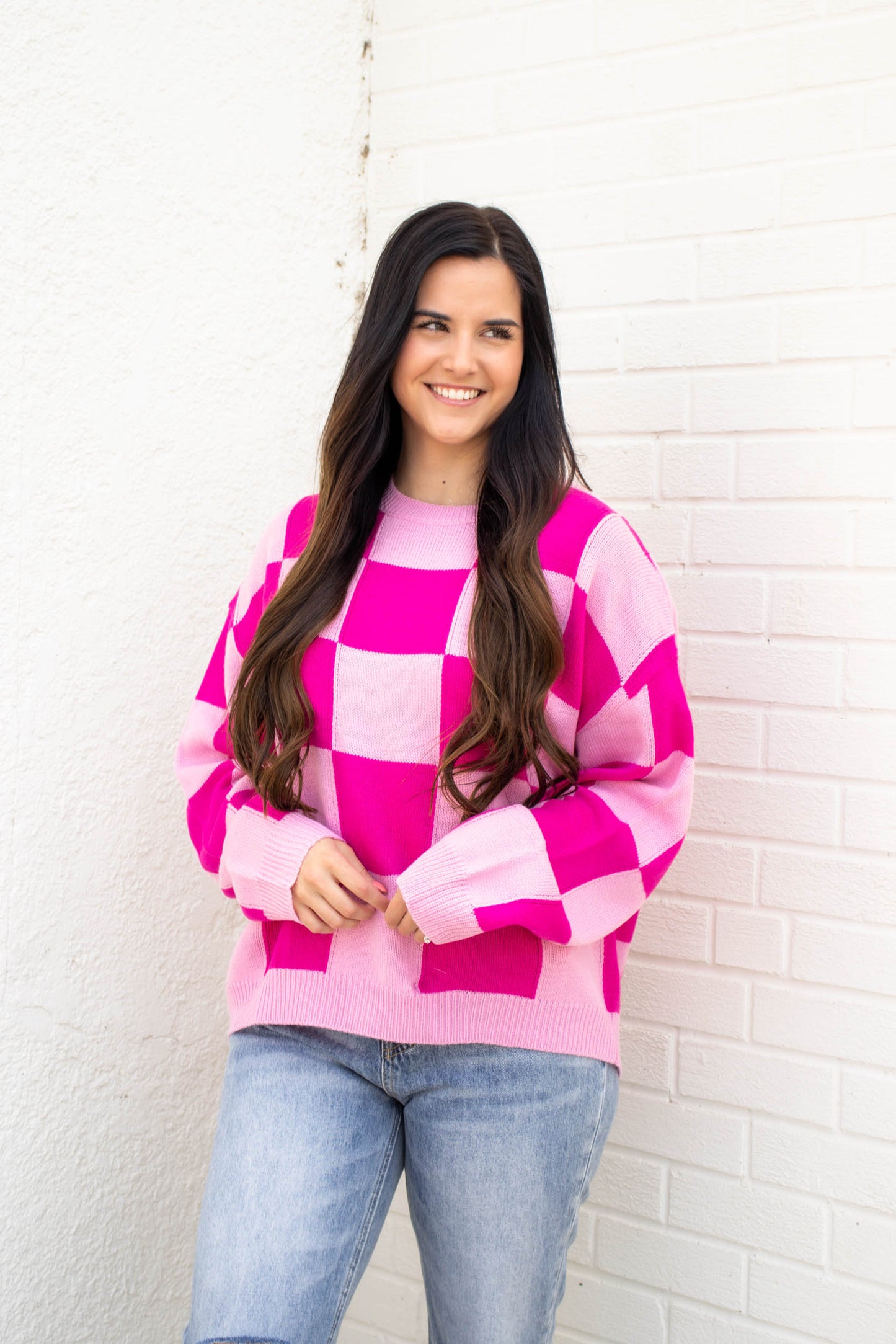 Kendall Checkered Sweater | Pink/Fuchsia