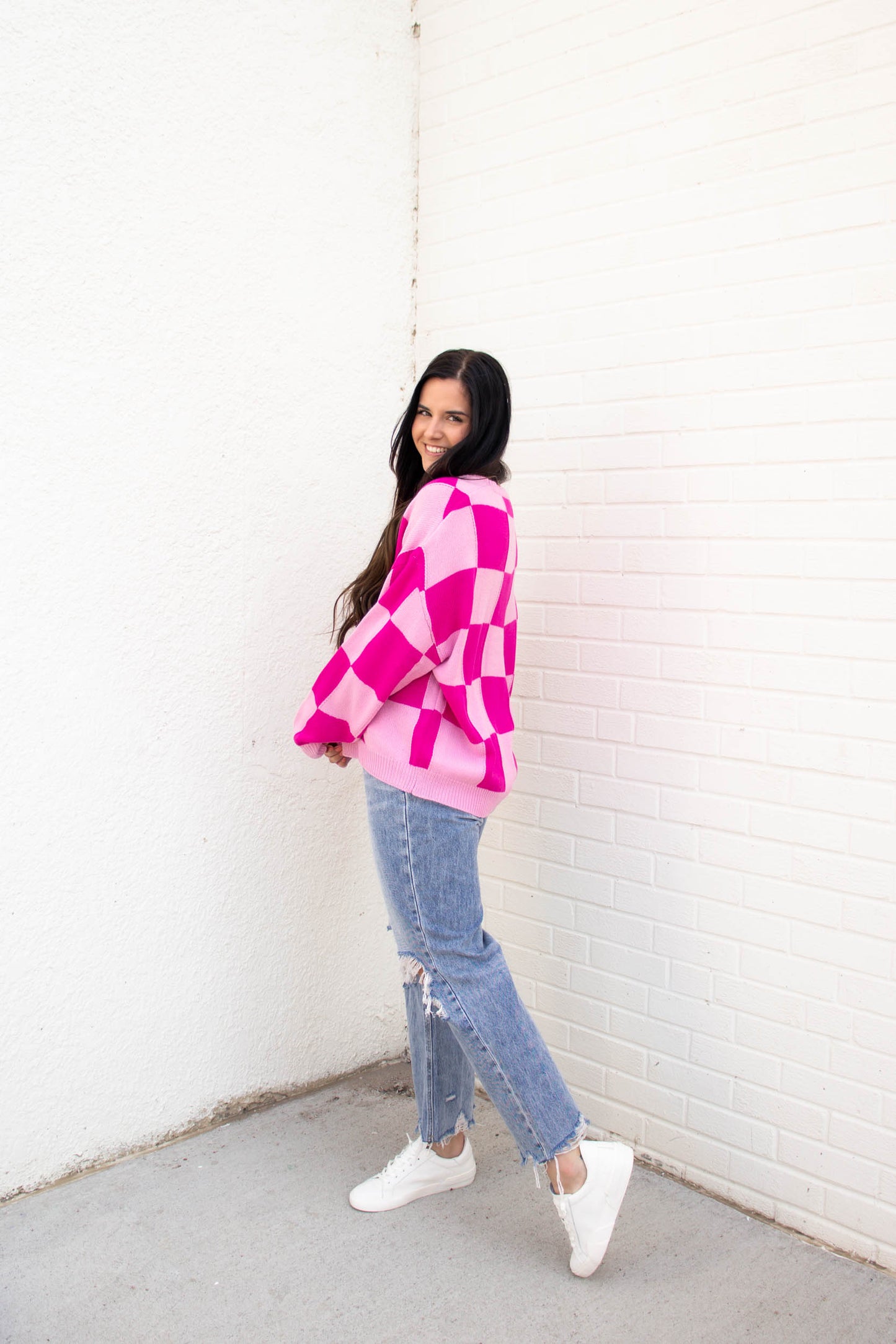 Kendall Checkered Sweater | Pink/Fuchsia