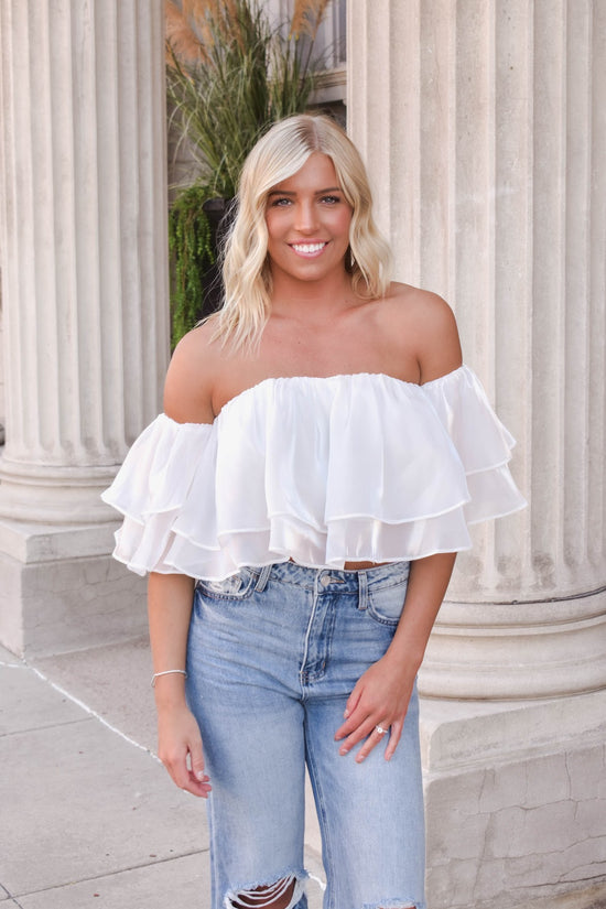 Load image into Gallery viewer, Jazmine Off Shoulder Ruffled Crop Top | White
