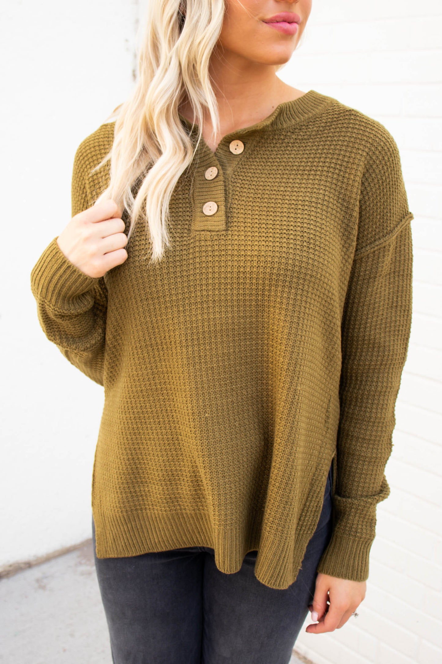 Nicole Waffle Knit Sweater | Moss