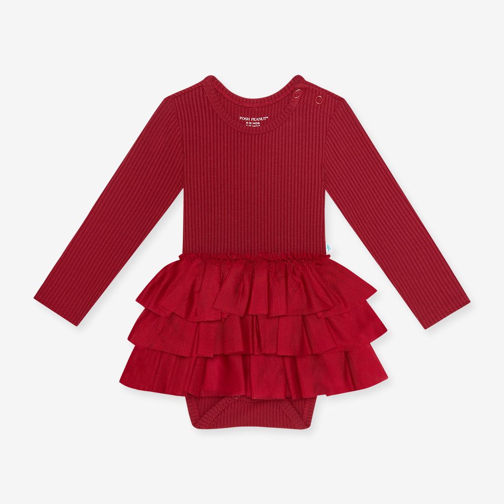 Posh Peanut Dark Red Solid Ribbed LS Tulle Skirt Bodysuit
