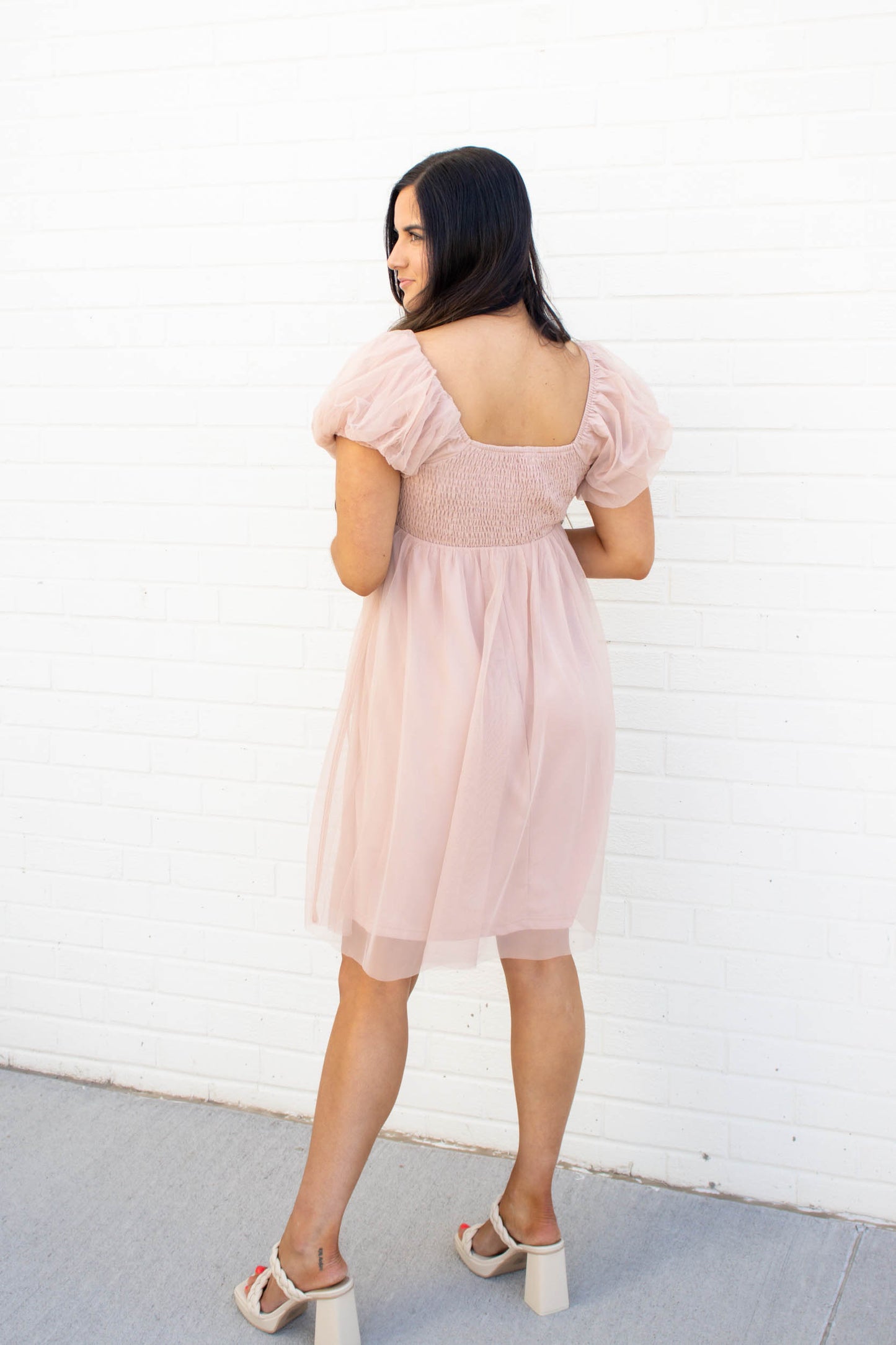 Beatrice Puff Sleeve Mesh Mini Dress | Nude Pink