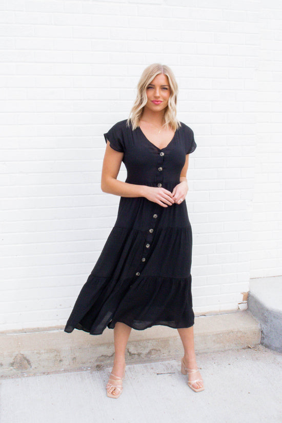 Load image into Gallery viewer, Maggie Faux Button Down Midi Dress | Black
