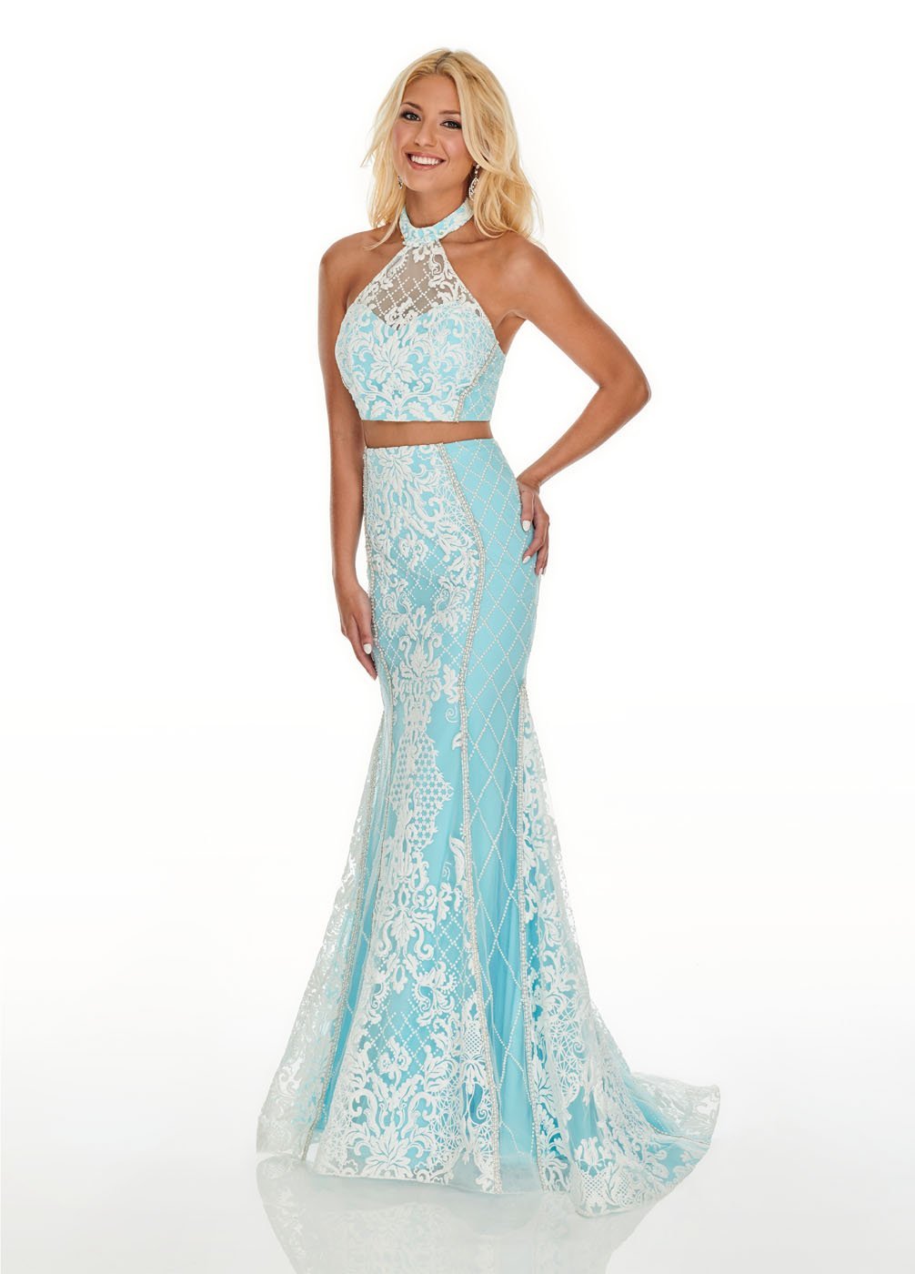 Load image into Gallery viewer, 7003 Prom Dress Aqua/White
